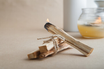 Palo Santo bars close-up and copy space. Ritual cleansing with sacred ibiocai, meditation,...