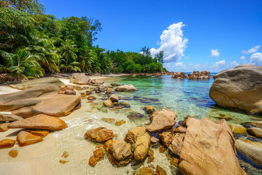 tropical beach anse badamier on curieuse island on the seychelles