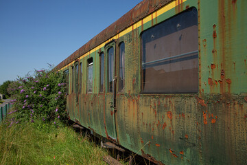Obraz premium Rusty old train carriage in the grass