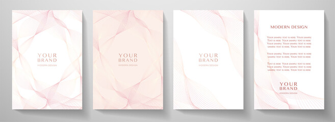 Fototapeta premium Contemporary technology cover design set. White background with pink line pattern (guilloche curves). Premium vector tech backdrop for formal business layout, digital certificate, brochure template