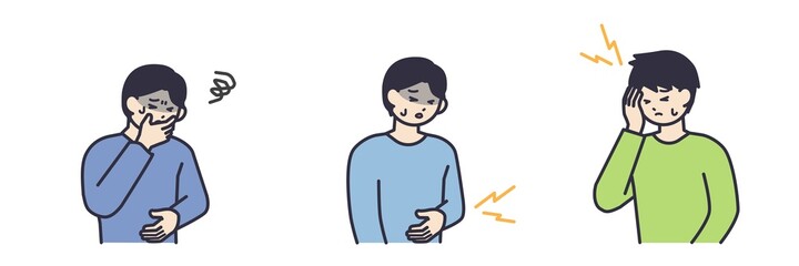 腹痛、頭痛、吐き気に悩む男性のイラスト素材