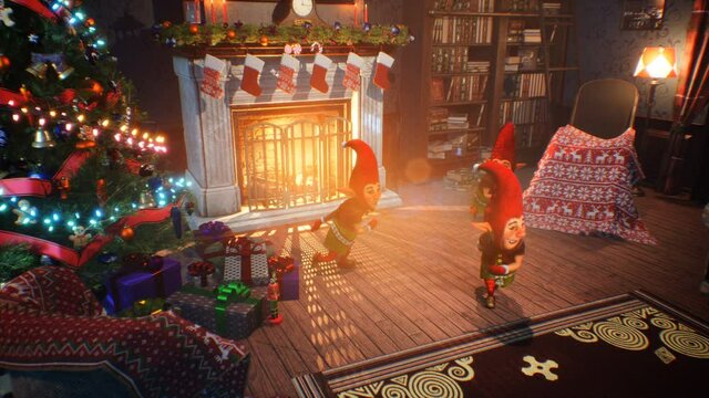 Jolly elves dancing in Santa Claus' house on Christmas Eve. Christmas and New Year's Eve atmosphere concept. The looped animation is ideal for festive, Christmas and New Year's Eve backgrounds.