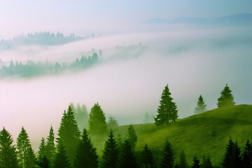 foggy summer sunrise landscape, breathtaking morning dawn in Carpathian mountains, meadow, beech forest and hills, scenic nature image, Europe, Ukraine, discover wonderful world