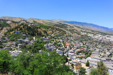 Fototapeta na wymiar Panorama of city from citadel fortress in Gjirokastra, Albania