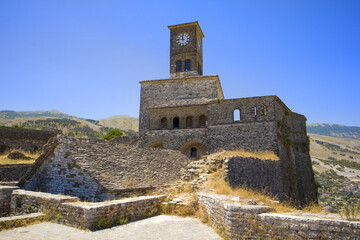 Fototapeta na wymiar Clock tower in the citadel fortress in Gjirokastra, Albania