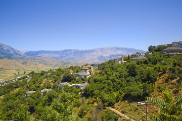 Fototapeta na wymiar Panorama of city from citadel fortress in Gjirokastra, Albania 