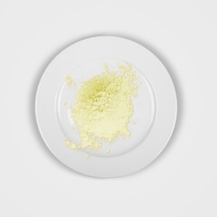 Colored chemical ingredients on the laboratory table. Sulfur Powder in Chemical Watch Glass
