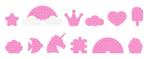 Set of pink popit shapes - birthday, crown, rainbow, heart, star, unicorn, cake. Pop it a trendy pastel fidget toys. Addictive anti stress toy in colorful colors. Bubble sensory fashionable toy