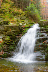 Waterfall in Obidza, late autumn, Beskid Sadecki mountain range in Carpathian Mountains, Poland.