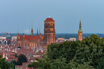 Gdansk, Poland, evening view of the historical city center with St Mary's church