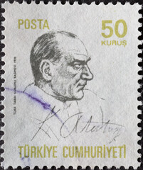 Turkey - circa 1970: A post stamp printed in Turkey showing a portrait of the founder of Turkey...