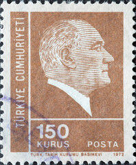 Turkey - circa 1972: A post stamp printed in Turkey showing a portrait of Turkey's founder Kemal Atatur. Brown