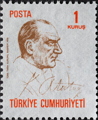 Turkey - circa 1970: A post stamp printed in Turkey showing a portrait of the founder of Turkey...