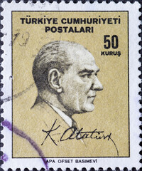 Turkey - circa 1966: A post stamp printed in Turkey showing a portrait of the first President of...