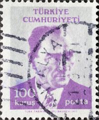 Turkey - circa 1971: A post stamp printed in Turkey showing a portrait of the founder of Turkey...
