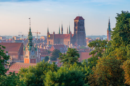 Gdansk, Poland, morning view of the historical city center with St Mary's church