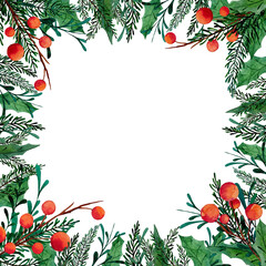 Hand-drawn watercolor Christmas square frame with berries, fir and holly branches and stylized leaves. Winter illustration for Christmas decorations, winter cards, invitation for party, flyers.