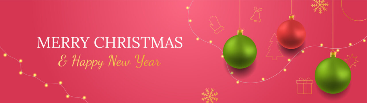 Merry Christmas and Happy New Year vector banner. Realistic red and green baubles, snowflakes hanging on dark red background with realistic garland. Background with gold Christmas icon
