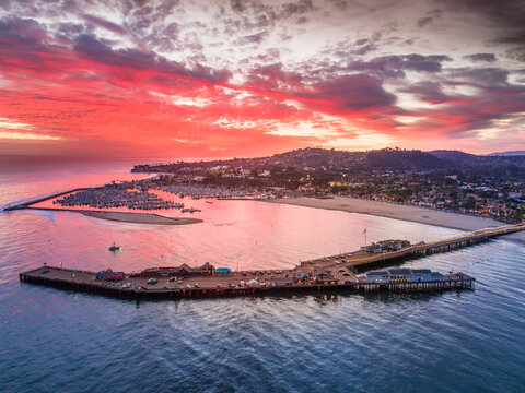 Aerial view of Stearn's Wharf and Santa Barbara Harbor at sunset, Santa Barbara, California