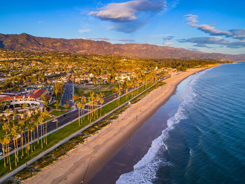aerial of East Beach at sunset, Santa Barbara, California