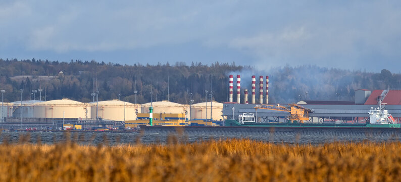 Ust-Luga oil terminal, Baltic pipeline system. Russia. View from the sea and reeds
