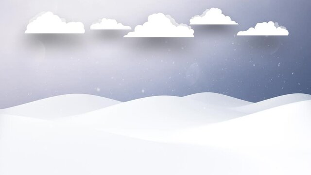 Snowy winter landscape with cute illustrated clouds with snowfall. Copy space seamless loop holiday snow background animation.