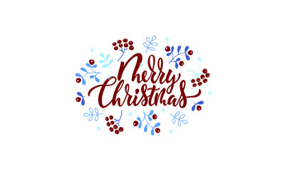 Merry Christmas handwritten text  with berries and leaves drawing in doodle style. Hand lettering typography. Modern brush calligraphy. Vector illustration for icon, badge, banner, poster, card