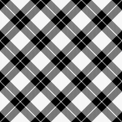 Diagonal tartan Christmas and new year plaid. Scottish pattern in black and white cage. Scottish cage. Traditional Scottish checkered background. Seamless fabric texture. Vector illustration