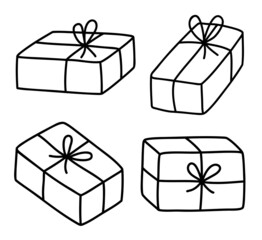 Set of hand drawn outline illustration of gift boxes with bow. Christmas birthday holiday present. Flat vector sticker or icon in simple doodle style. Isolated on white background.