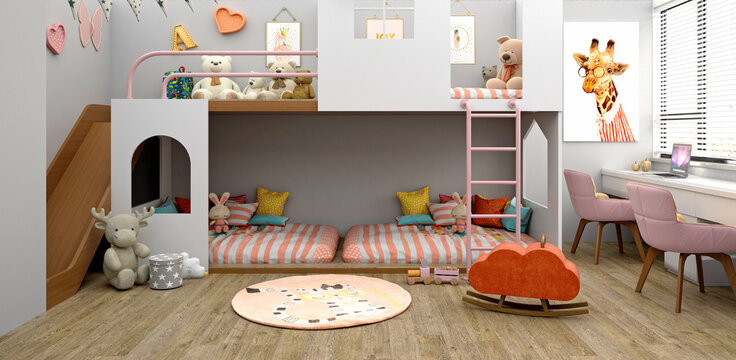 3d Render Of Pink Design Kids Bedroom