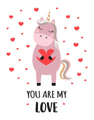 valentines card with cute unicorn, vector illustration