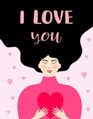 valentines card with pretty woman, vector illustration