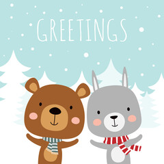 Fototapeta premium winter vector illustration with cartoon cute animals