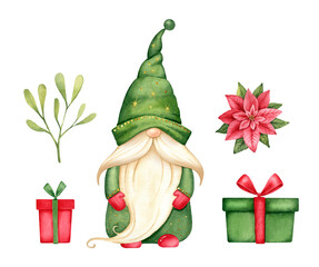 Cute Christmas gnome with Christmas bouquet,gift boxes, green hat.Watercolor illustration isolated on white background.