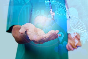 The doctor looks at the Liver hologram, checks the test result on the virtual interface, analyzes the data.