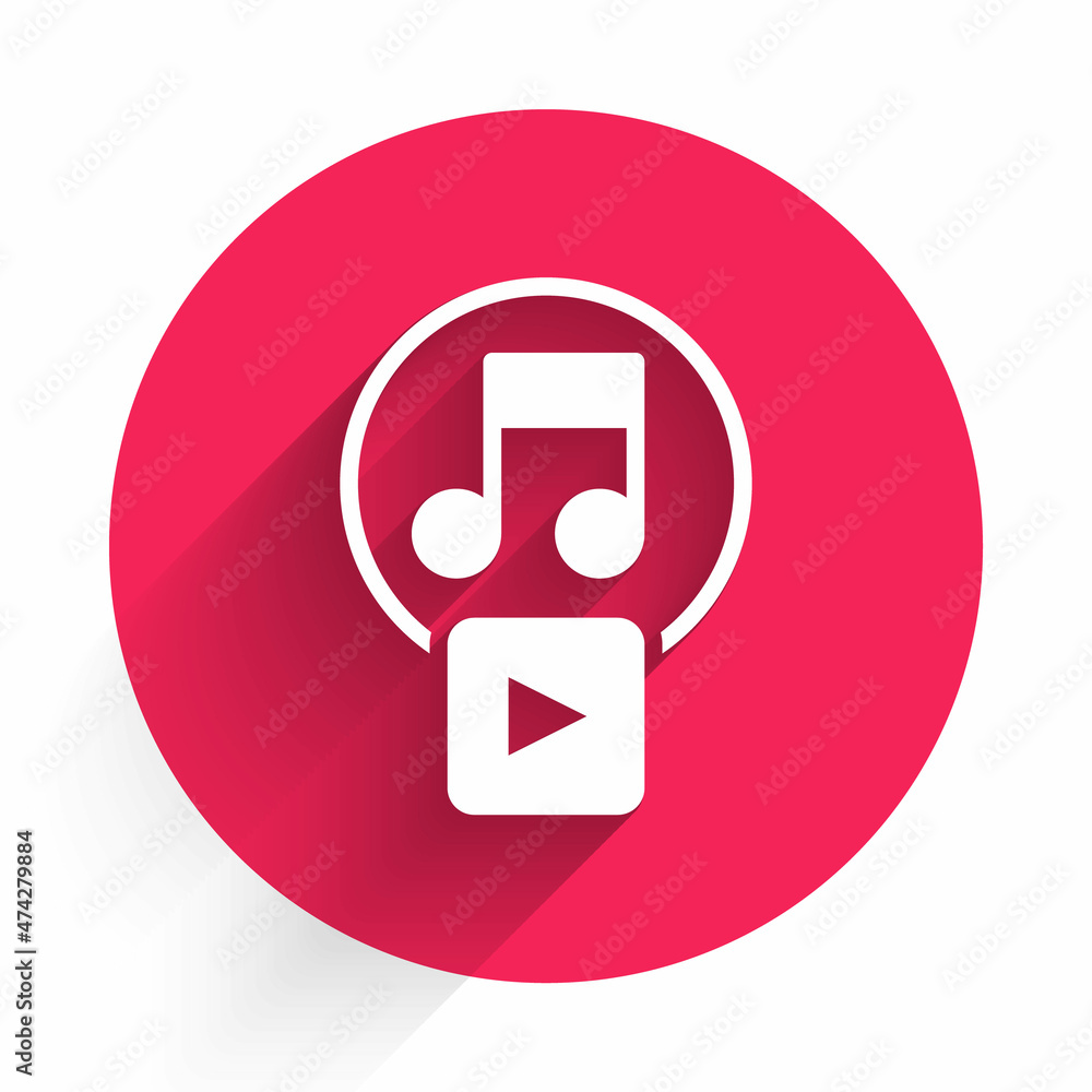 Poster white play in square icon isolated with long shadow. red circle button. vector