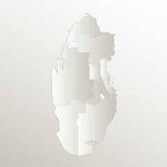 Qatar map, administrative division, separates regions and names individual, card paper 3D natural, blank