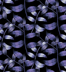 Seamless hand drawn very peri leaves pattern,line art vector, black background
