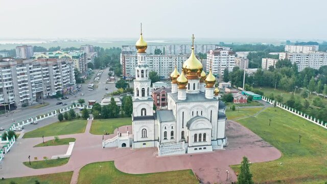 Orthodox temple, Abakan, Khakassia, Aerial view, drone, Russia