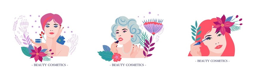 cosmetics beauty girls flowers leaves perfume lips eyes