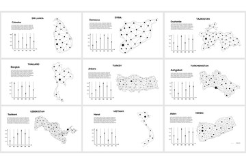 Set line maps. Sri lanka, Syria, Tajikistan, Thailand, Turkey, Turkmenistan, Uzbekistan, Vietnam, Yemen. Lines and dots