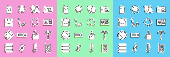 Set line Travel brochure, Tropical palm tree, Passport, Rubber flippers, Snorkel, Hiking backpack, Soda can and Sun icon. Vector