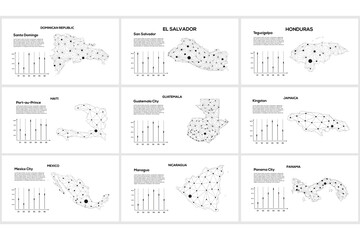 Set line maps. Dominican Republic, El Salvador, Honduras, Haiti, Guatemala, Jamaica, Panama, Mexico, Nicaragua.