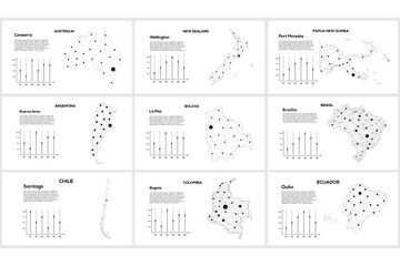 Set line maps. Australia, New Zealand, Papua New Guinea, Argentina, Bolivia, Brasil, Chile, Colombia, Ecuador.