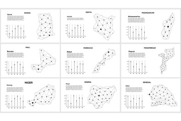Set line maps. Ghana, Kenya, Madagascar, Mali, Morocco, Mozambique, Niger, Nigeria, Senegal. Lines and dots