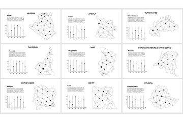 Set line maps. Algeria, Angola, Burkina faso, Cameroon, Chad, Congo, Ivory Coast, Egypt, Ethiopia. Lines and dots