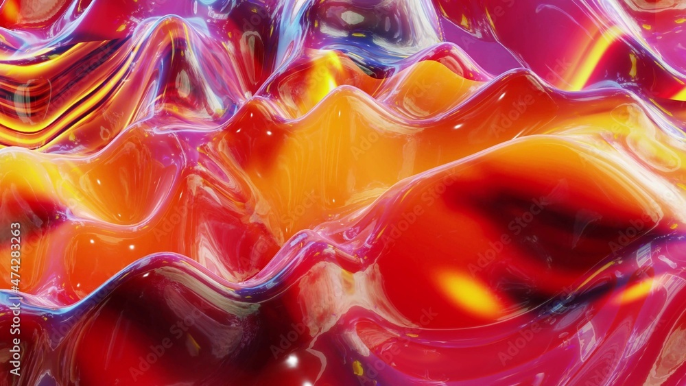 Aufkleber 3d render. liquid red yellow orange pattern like waves. 3d stylish abstract bg of wavy surface like 