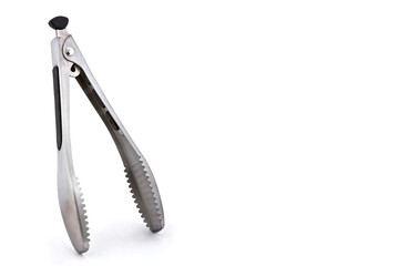 Metal kitchen tongs, stainless steel for serving, isolated on white background