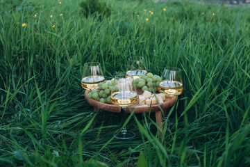 A glass of wine on the green grass