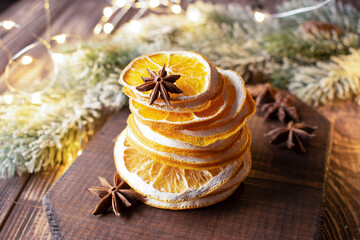 christmas composition: dried oranges, anise, spruce branches